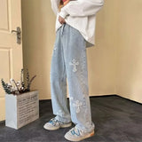 FOESCE Cross Embroidery Y2k Jeans Mens Straight Denim Pants Casual Vintage Jeans Versatile Fashion Streetwear Spring High Street Pants