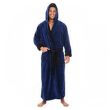 FOESCE Men Nightgown Hooded Long Sleeve Color-Blocked Thickened Plush Robe Lace-up Belt Long Style Thermal Insulation Loungewear