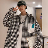 FOESCE High street ins checkerboard long sleeved shirt men's spring clothes plus fat plus size trendy fat people loose casual coat