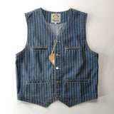 FOESCE Spring New Japanese Retro Denim Striped Cargo Vest Men's Fashion Pure Cotton Washed Sleeveless V-neck Multi-pocket Casual Coat