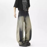 FOESCE Autumn Men's Distressed Vintage Washed Gradient Jeans Hip Hop Straight Wide Leg Baggy Denim Pants High Street Fashion Y2K Jean