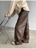 FOESCE PU Leather Pants men Straight 2025new Spring Men's Punk Fashion Hip Hip Men Wide-leg Mopping Trousers Windproof Dark Brown/Black