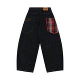FOESCE Scottish Plaid Splicing Arc Wide Baggy Jeans Y2k Spring and Autumn New Streetwear Washed Oversized Straight Wide Leg Jeans 2025