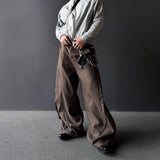FOESCE Mens Pants Motorcycle Rivets Deconstructed Curved Casual Pants Streetwear Fashion Grunge Wide Leg Pants Old Money Menswear 2025