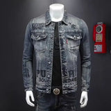 FOESCE New men's denim jacket fashion casual lapel handsome motorcycle jacket high street retro trend loose denim top men's clothing