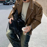 FOESCE American Street Retro Heavy Industry Rivet Motorcycle Leather Jacket Men's Elegant British Jacket Autumn Unisex Short Jacket