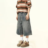 American Stylewashing Denim Shorts For Men Women Loose Fit Casual Summer Trousers Wide Leg Distressed Patchwork Jeans