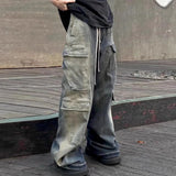 Style Gradient Ribbons Multi-pockets Drawstring Jeans for Men Harajuku Streetwear Baggy Y2K Denim Trousers Oversized Cargos