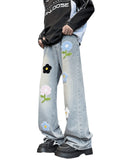 FOESCE 2025 American embroidered jeans men's summer loose straight leg trendy brand high street wide leg vintage long pants