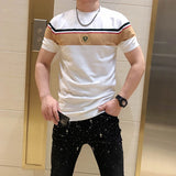 FOESCE British Style Summer Men's Casual T-shirt Fashion Short Sleeve Slim Knitted T-shirt Male Round Neck Business Social Men Clothing