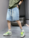 2024 New Summer Denim Shorts Men Korean Fashion Washed Cotton Baggy Short Jeans Pants Drawstring Loose Straight Casual Shorts