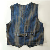 FOESCE Spring New Japanese Retro Denim Striped Cargo Vest Men's Fashion Pure Cotton Washed Sleeveless V-neck Multi-pocket Casual Coat