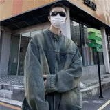 Vintage American Style Denim Jacket Trendy Brand Men's Spring Autumn Collection Distressed Washing Zip-up Leather Coat Top