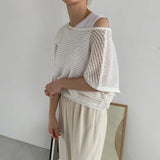 FOESCE 2025 Korean Version Strappy Hollow Casual All-match Blouse Top Mens Sexy Mesh Sweater Front and Back Two-wear Bat Sleeve T-shirt