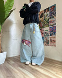 FOESCE American Baggy Washed Jeans Retro Harajuku Cartoon Print Straight-Shirt-Legging Pants Men Casual Loose Hip Hop Streetwear Women