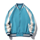 FOESCE Spring and Autumn Men's Standing Neck Spliced Pocket Zipper Stripe Colored Loose Fashion Casual Versatile Long Sleeved Coat