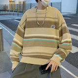 FOESCE Literature and Art Men's Loose Stripe Round Neck Knitwear Men's Autumn Oversize Lazy Sweater men coat winter clothes sweter