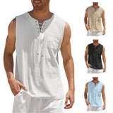 Men Summer Linen Tank Top Sleeveless T-Shirt Lace-up Design Solid Color Shirt Loose Fit Vest Daily Cotton Linen Vest Clothing
