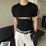 FOESCE Fashion Crop Tops Men T Shirt Zipper Solid O-neck Short Sleeve T Shirt Summer Y2k Streetwear Unisex Short Tees Casual Camisetas