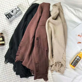 American Lazy Streetwear Men Wind O-neck Knitted Ripped Sweater Retro Couple Loose Pullovers Men Knitwear Hole Sweaters E91