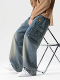 FOESCE 2025 Autumn New Men's Cargo Jeans Big Size 8XL 7XL 6XL String Banding Cotton Wide Leg Denim Pants Straight Baggy Jean Trousers