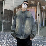 Vintage American Style Denim Jacket Trendy Brand Men's Spring Autumn Collection Distressed Washing Zip-up Leather Coat Top