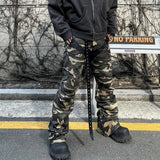 FOESCE Camouflage Coated Micro Flared Motorcycle Pants for Men Patchwork Baggy Jeans Ankle Zipper Boot Cut Oversized Denim Cargos