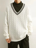 Dark Icon Color Contrast V-neck Pullover Men's Sweater Autumn Korean Style Knitwear Sweater for Men White