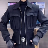 FOESCE Mens Big Pocket Biker Short Jacket 2025 New Genderless Autumn Winter Fashion Workwear Functional Style Solid Color Jacket Unisex