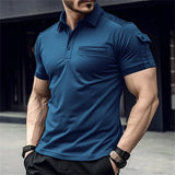 FOESCE Men's Summer solid color Daily casual cargo Style Stitching Arm Pocket Design slim lapel short-Sleeved muscle Sports Polo shirt