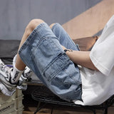 FOESCE Summer Men's High Street Baggy Cargo Denim Shorts 2025 New Y2K Vintage Drawstring Jorts Hip Hop Fashion Blue Short Jean Pants
