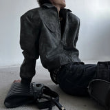 FOESCE Mens Autumn Winter American Street Retro Distressed Suede Jacket Gender-Neutral Short Loose Casual Trend Biker Jacket Unisex