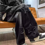 FOESCE Stars Patchwork Men Jeans New Fashion Y2K Tassel Pants Korea Clothes Straight Hip Hop Splicing Trousers Male Streetwear