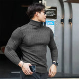 FOESCE New Men's Turtleneck Sweaters Autumn Knitted Striped Streetwear Warm Long Sleeved Pullover Solid Color Basic Style Casual Tops
