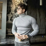 FOESCE New Men's Turtleneck Sweaters Autumn Knitted Striped Streetwear Warm Long Sleeved Pullover Solid Color Basic Style Casual Tops