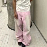 FOESCE Streetwear Gradient Color Washed Pink Dirty Jeans for Men and Women Straight Casual Baggy Denim Trousres Oversized Loose Cargos