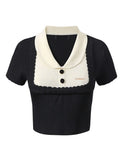 FOESCE Summer Women Korean Fashion Gyaru Polo Collar Crop Top Short Sleeve Patchwork Contrast Color Kint Tees Design Vintage T-Shirts