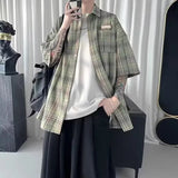 FOESCE Summer Y2K Vintage Short Sleeve Shirt For Men Loose Appliques Polos Lapel Plaid Tee Shirts 2025 New High Street Pocket Blouse