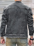 FOESCE 1Pc Men's Four Seasons Destroyed Stone Washed Light Jacket Daily American Street Casual Denim Jacket (No Hood/No Accessories)