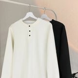 FOESCE Spring 2025 NEW Mens Long Sleeve T Shirts Casual Round Neck Tees Button design White Black Undershirts Loose Fit Tshirts