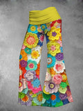 FOESCE Elegant Women's Loose High Waist Flared Pants Fashionable Colorful Floral Pattern Bohemian Style Digital Flower Print Trousers