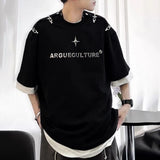 FOESCE Mens Summer Short Sleeve T-shirt Metal Buckle Design Streetwear Korean Trendy Casual Loose Top Tees Personality Letter Pullover