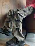 FOESCE 2025 High Street Vibe American Heavy Craft Side Fold Washed Old Jeans with High Grade Waste Soil Style Trousers streetwear