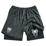 FOESCE Y2K Performance Shorts Men Spider Printed GYM Casual Sports Compression Shorts Workout Running Mesh 2 In 1 Sport Short Pants
