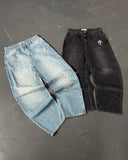 Foesce 4 Streetwear Jeans Y2K mens Pants Harajuku Hip Hop Letter Embroidery Vintage Blue Baggy Jeans High Waist Wide Leg Trouser