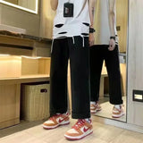 FOESCE European and American high street men's washed jeans retro personalized straight-leg splicing flared pants trendy denim trousers