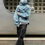 FOESCE Mens Autumn Winter Fashion Denim Washed Distressed Retro Hoodie Genderless Street Fashion Casual Loose Denim Sweatshirt Unisex