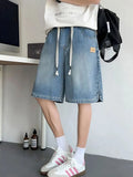 FOESCE Summer New Casual Wide Denim Shorts Men's Baggy Fashion Elastic Waist Drawstring Straight Short Jeans StreetWear men clothing