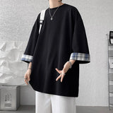 FOESCE  men t shirts Summer Men's T-shirts Women Oversized 2XL Korean Style Loose Plaid T-shirt Casual Seven sleeves T-Shirt Male White