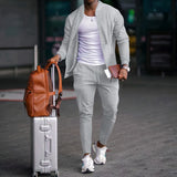 FOESCE 2025 new spring and autumn men stand collar solid color baseball casual Waffle full pants two men's suit men's wear